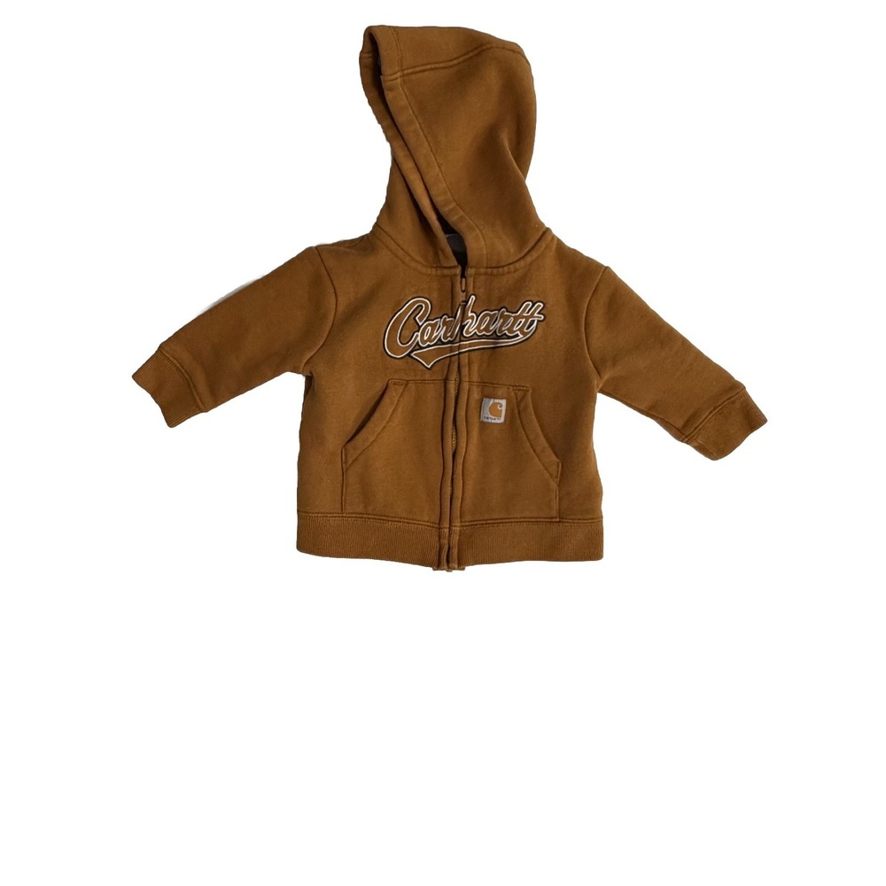 Carhartt Infants Zip Up Brown Hooded Jacket Front Graphic Logo Size 6 Months